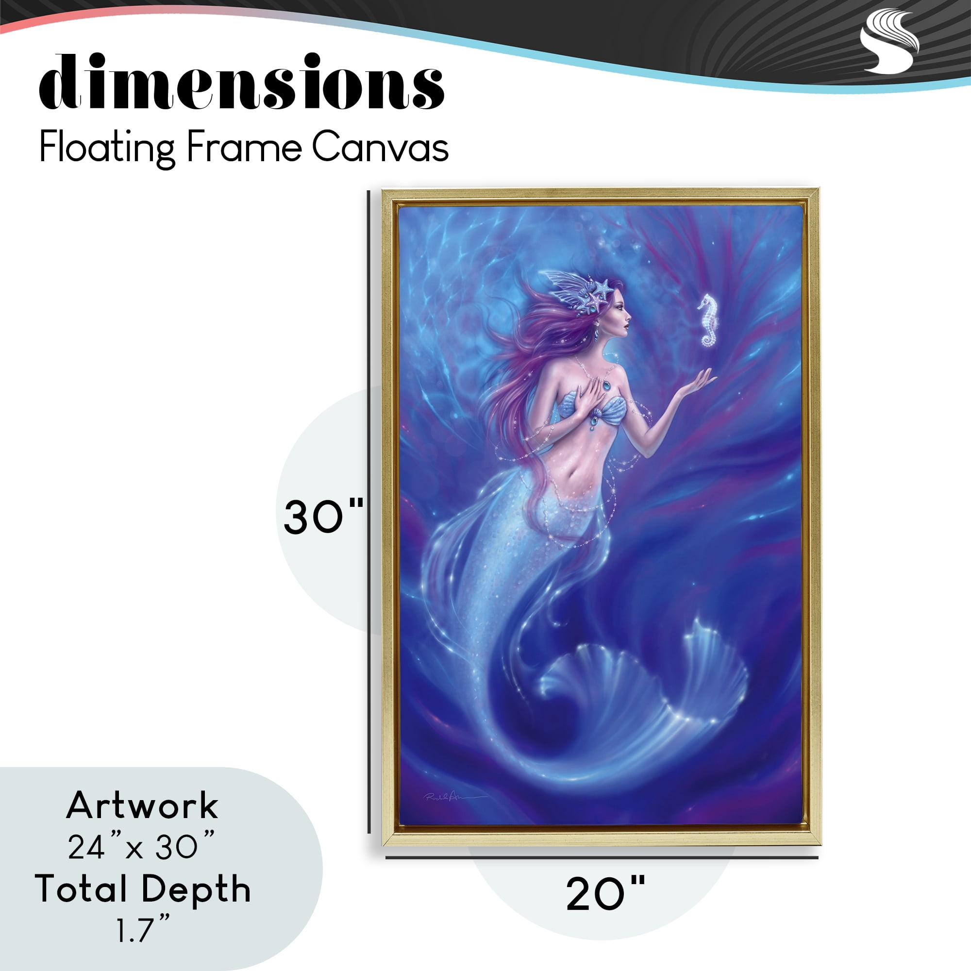 Jewel Bedecked Mermaid & Seahorse Gold Framed Floater Canvas Wall Art, design by Rachel Anderson