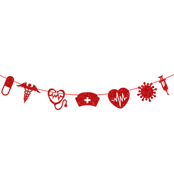 Red Glitter Medical Theme Garland Banner, Nurse Party Decoration with Stethoscope, Syringe, Heart Icons