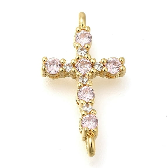 Brass Pave Cubic Zirconia Connector Charms Cross Links Real 16K golden Plated Pink 20x11x4mm Hole: 1.2mm