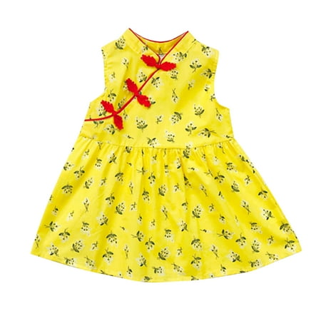 

LBECLEY Dress Collar Girls Toddler Kids Baby Girls Floral Dress Cheongsam Party Outfits Summer Princess Sleeveless Girls Dresses Clothes Girls Formal Dress Size 8 Yellow 130