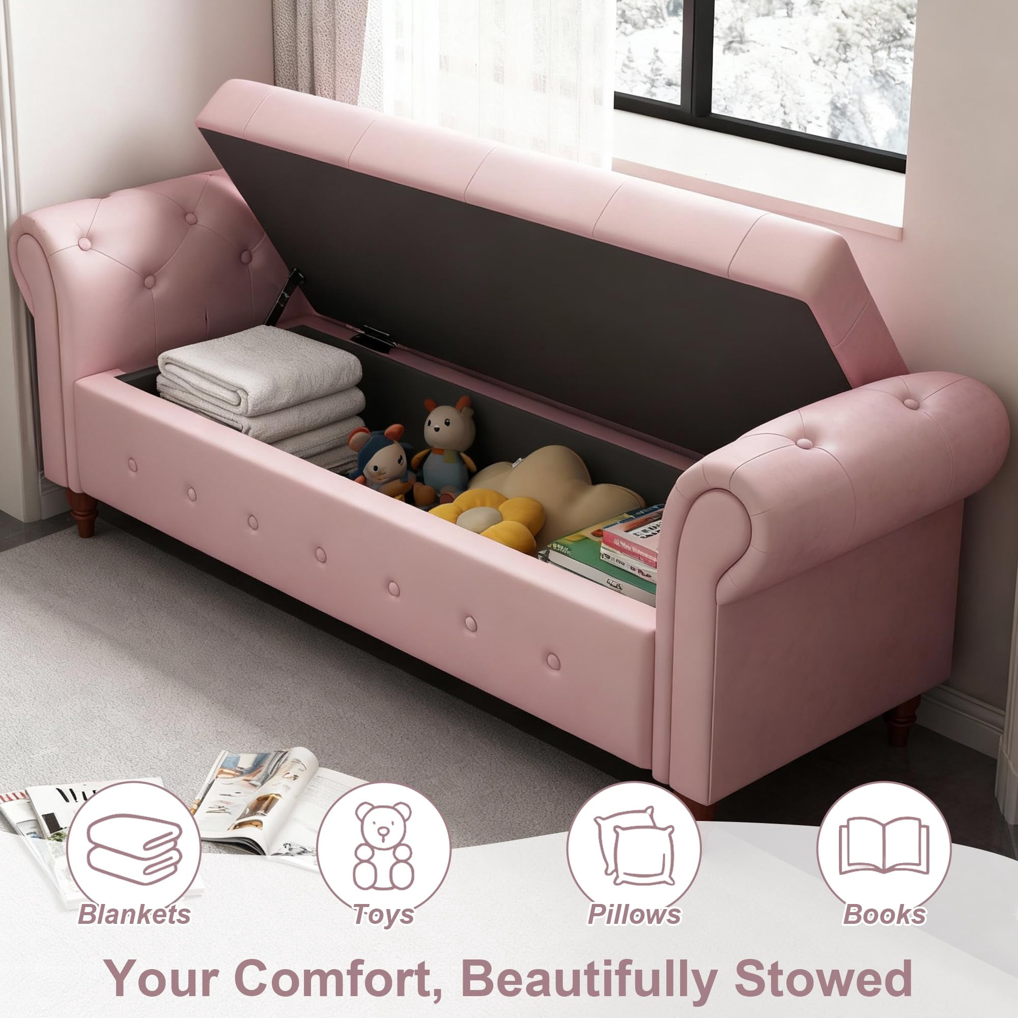 Tmsan 63" Modern Storage Ottoman Bench, Bedroom End of Bed Upholstered Benches, Window Footrest Stool,for Living Room, Entryway, Pink (Velvet)