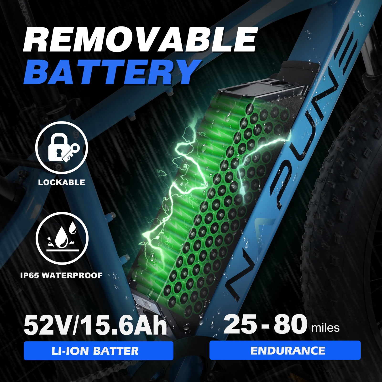 26" 52V 1000W Fat Tire Electric Bike, 15Ah Battery, 28MPH, 65+ Miles Range, 9-Speed, LCD Display - Adults Electric Bicycle Blue