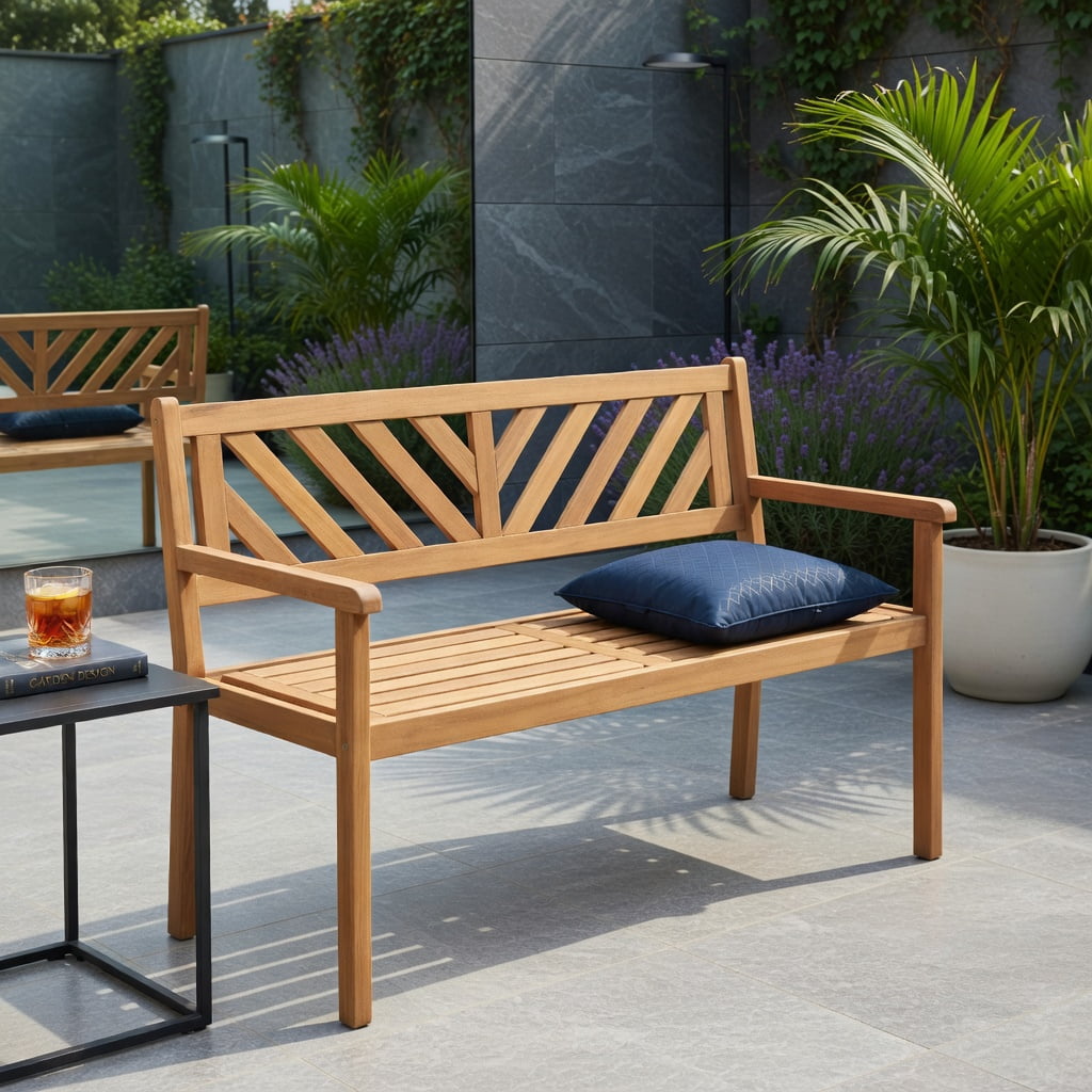 Hommoo 2-Person Acacia Wood Patio Bench with Armrests & Ergonomic Backrest – Teak Outdoor Garden Chair for Porch, Deck, or Poolside