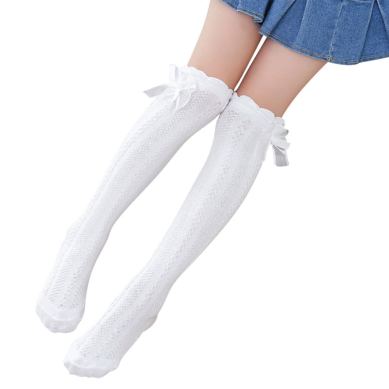 Toddler Kids Girls Cotton Bowknot Socks Solid Color Knee HIgh Socks Pearl Princess Party Stocking Leg Warmer