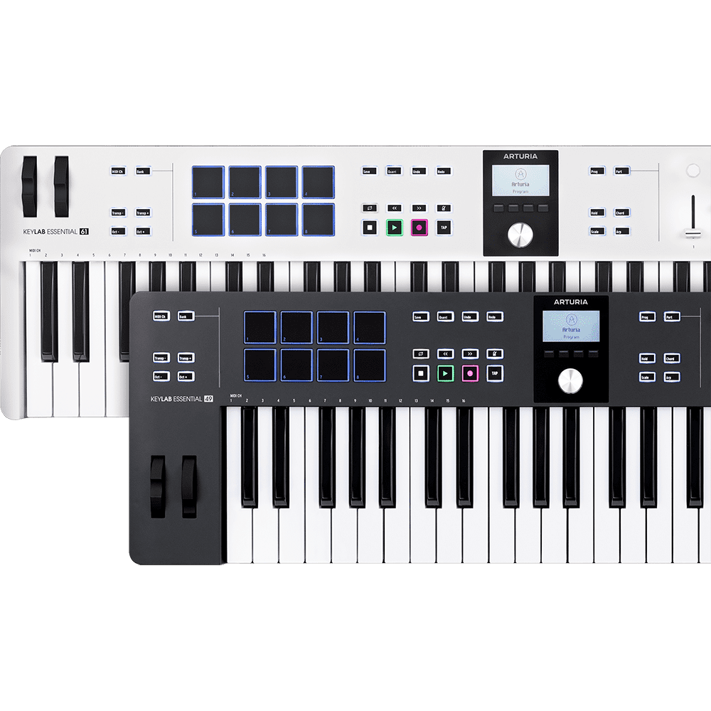 Arturia KeyLab Essential Mk3 61-Key USB MIDI Controller Keyboard, White 231531 Bundle with OnStage KS7171 Double-X Keyboard Stand + 5-Ft Male-to-Male MIDI Cable + 2 Year Enhanced Protection Pack