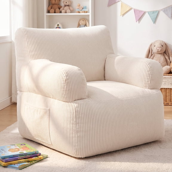 BAOKALER Kids Bean Bag Chair, Filled with Memory Foam, Bean Bags for Kids with Side Pocket, Lightweight Comfort Lounge Chair for Gaming, Reading, Relaxing, Beige