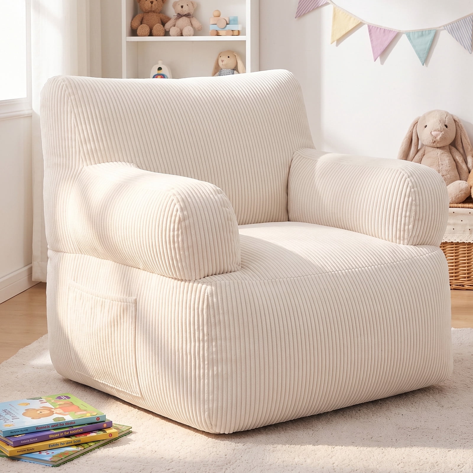 BAOKALER Kids Bean Bag Chair, Filled with Memory Foam, Bean Bags for Kids with Side Pocket, Lightweight Comfort Lounge Chair for Gaming, Reading, Relaxing, Beige
