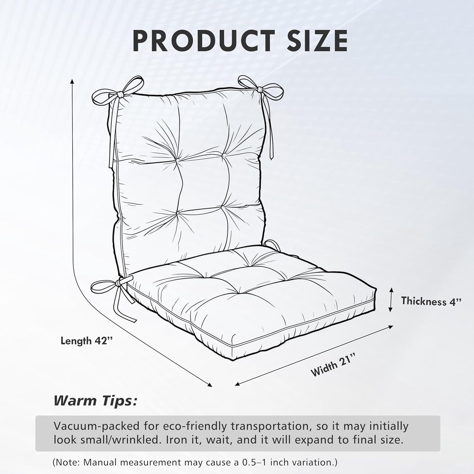 Outdoor High Back Chair Cushions Set of 2, 42"x21"x4" Tufted Waterproof Patio Cushion for Rocking & Dining Chairs, Soft Seat Pad with Ties, Fade-Resistant Indoor Outdoor Use