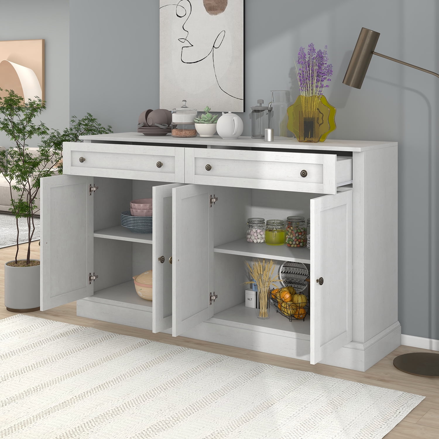 Kadyn Kitchen Sideboard Storage Buffet Cabinet, Modern Farmhouse Storage Cabinet with 2 Drawers & 4 Doors, Floor Cabinet Cupboard for Dining Room, Antique White Kadyn Kitchen Sideboard Storage Buffet Cabinet, Modern Farmhouse Storage Cabinet with 2 Drawers & 4 Doors, Floor Cabinet Cupboard for Dining Room, Antique White