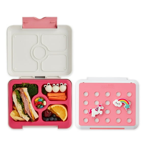 Flexnlock Kids Platinum Silicone Food Tray Lunch Box Set With Accessories - Leak Proof, Clean Lid Design, Microwavable, Dishwasher Safe, Freezer Safe, and BPA-Free/ Unicorn (Pink)