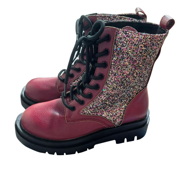 Lovzfmll Bottes à la Cheville pour Femmes, Bottes Militaires Scintillantes en Cuir Épais, Talon Bas Épais à Lacets Bout Rond Bottillons d'Automne Bottes de Moto Rouges