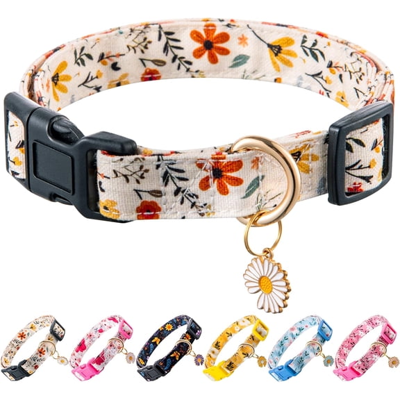 Cute Dog Collar Beige Flower Pattern for Boys and Girls Holiday Dog Collars Summer Fall Gift Adjustable for Small to Medium Breed Dogs (XS)