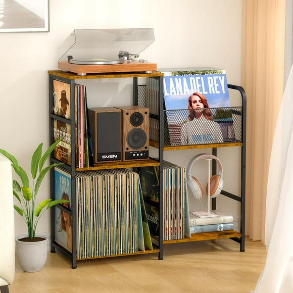 Soporte para tocadiscos Three HIO con soporte para reproductor de discos con almacenamiento de vinilo