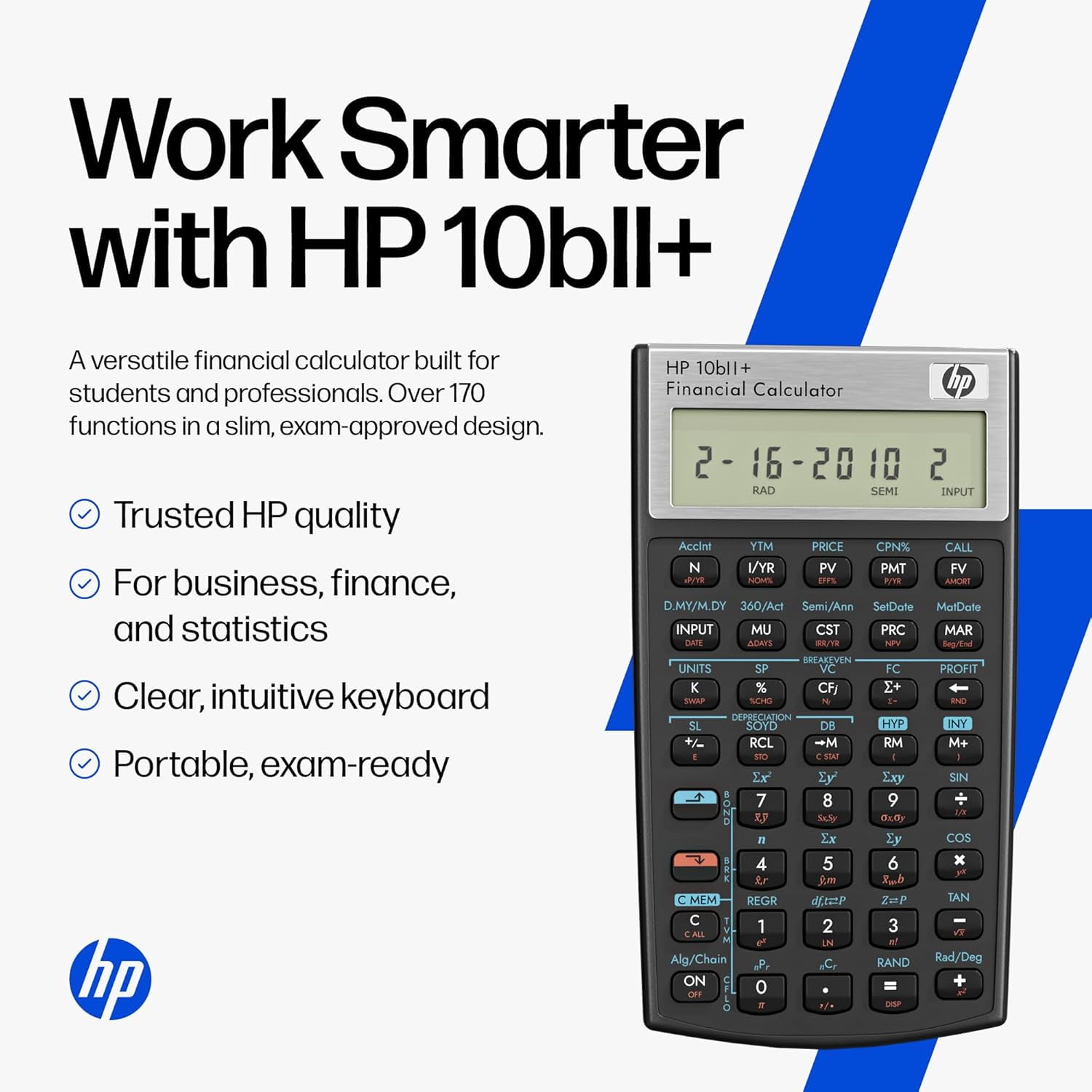 HP 10bII+ Financial Calculator, Business and Accounting Calculator with 100+ Functions, Exam Approved, Includes Case and Cloth