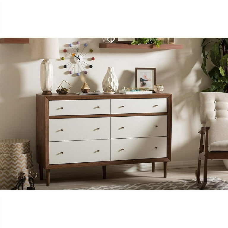 Baxton Studio Harlow Mid century Modern Scandinavian Style White and Walnut Wood 6 drawer Storage Dresser