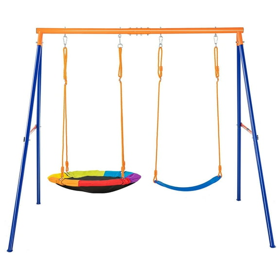 Backyard Swing Set: 1 Saucer Swing   1 Belt Seat with Sturdy A-Frame Metal Stand