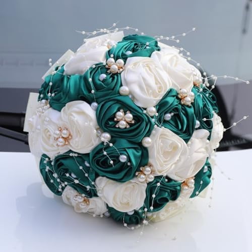 Bridal Wedding Bouquet with Pearl Brooch Bouquet for Bride Bridesmaid Quinceanera Satin Rose Flower Bouquet Wedding Dark Green and Ivory 8.7in