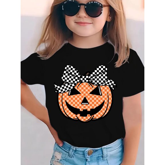 Halloween Girls T-Shirt Checkerboard Pumpkin With Bow 100% Cotton Short Sleeve Tees Gift For Kids