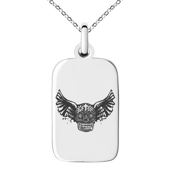 Stainless Steel Day of the Dead Winged Skull Engraved Small Rectangle Dog Tag Charm Pendant Necklace