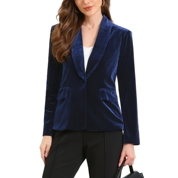 INSPIRE CHIC Women's Blazer Velvet Shawl Collared Long Sleeve Botton Down Business Cocktail Suit Jackets S Royal Blue