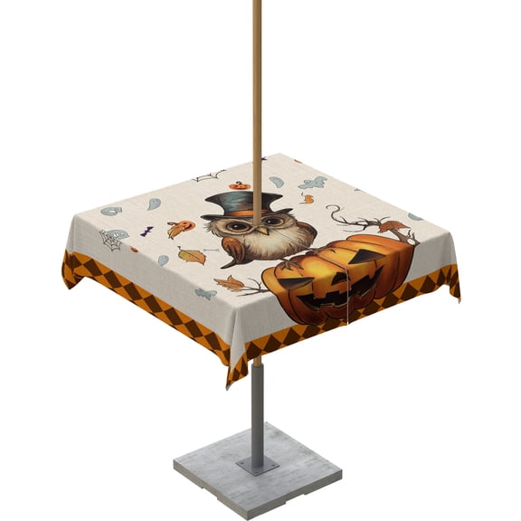 Fsddascl Halloween Outdoor Tablecloth - 60x60 Inch Square Dining Table Cover, Orange Brown Plaid Owl Pumpkin Ghost Waterproof Outdoor Table Cloth with Umbrella Hole & Zipper for Picnic/Patio/Party