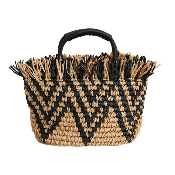 Beach Straw Bag Large Tote Bags for Women, Handmade Summer Purse Handbag Beach Bags - black