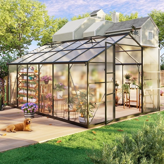 Sylviera 10x12ft Outdoor Walk-in Greenhouse, Heavy-Duty Polycarbonate Greenhouse with Reinforced Aluminum Frame for Garden, Backyard, and Winter Planting