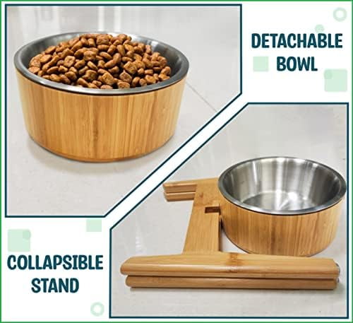 Raised Dog Bowl with Stand (12-inch) - Elevated Bamboo Food Bowl with Stainless Steel 304 Insert - Medium-to-Large Breeds Suitable