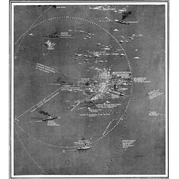 Chart of the Rms Titanic Wreck Site Showing Ships Within Call by Wireless At the Time of the Collision Poster Print, 13 x 15