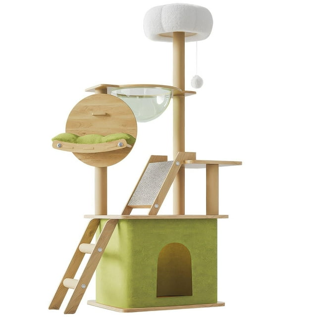 5Tier Torre para Gato con Escalera Rascador,140CM Arbol para Gatos 2 Casas 1 Hamaca,Castillo Gato con Pelota de Juguete,Transparente Redondo Jaula,Protege Muebles,para Frotar Patas y 3-6 Gatos Jugando