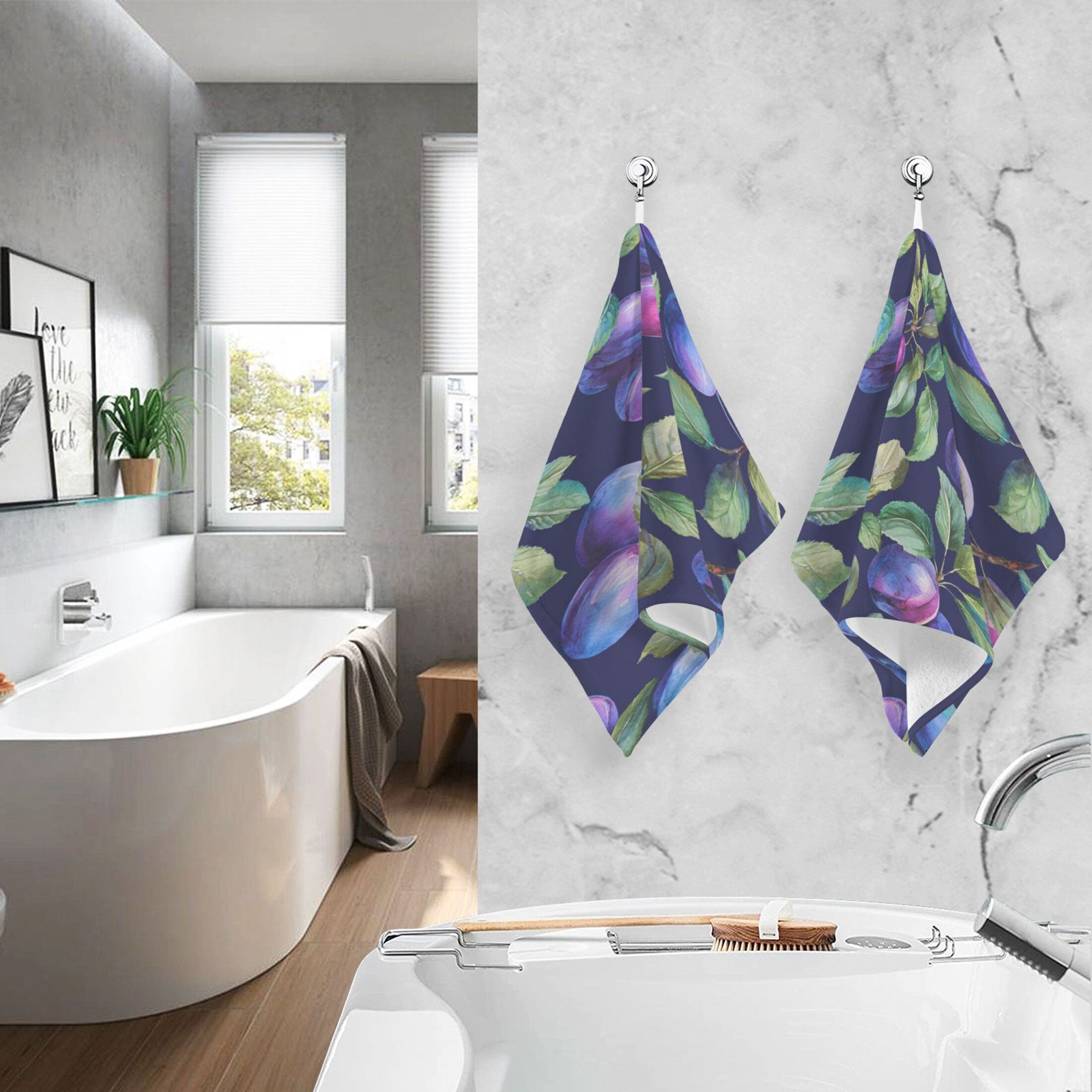 2 Pieces of Cotton Towel Face Towel Set Hand Towel Bath Towel Cotton Bath Towel Sets Watercolor Seamless Plums
