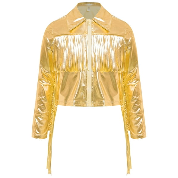 YiZYiF Girls Fringe Tassel Long Sleeve Zipper Jacket PU Leather Shiny Metallic Outwear Coat for Dance Gold 14