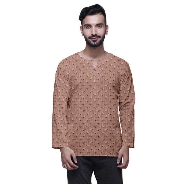 Atasi Cotton Slub Long Sleeve Kurta For Men Keyhole Neck Ethnic PrintedShirt