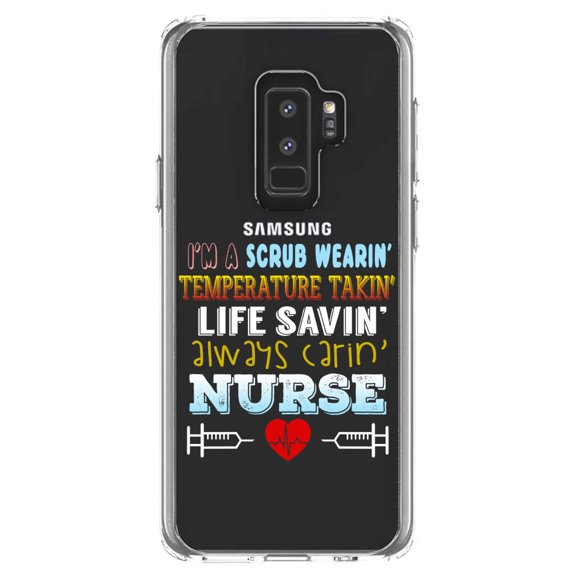 DistinctInk Clear Shockproof Hybrid Case for Samsung Galaxy S9  PLUS (6.2" Screen) - TPU Bumper Acrylic Back Tempered Glass Screen Protector - Scrub Wearing Temp Taking Life Saving Nurse