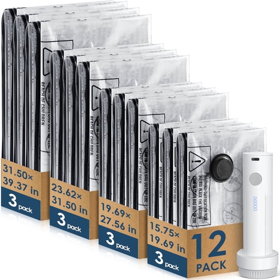 LAFAYTTE Vacuum Bags for Travel with Cordless Rechargeable Pump, 12 Pack Travel Vacuum Bags with pump, Compression Storage Bags (3XL/3L/3M/3S) for Clothes, Luggage & Suitcase