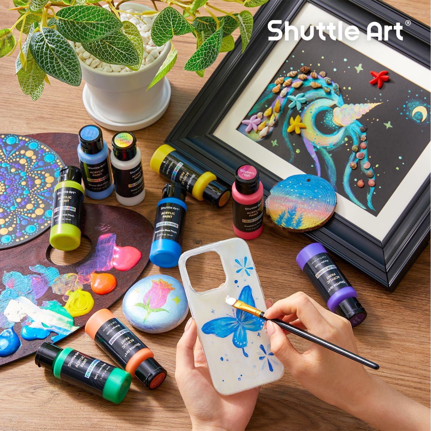 Shuttle Art Color Change Acrylic Paint Set, 16 Colors Chameleon Colors Acrylic Paint in Bottles (60ml/2oz), Non-Toxic for Artists, Beginners and Kids on Rocks, Crafts, Canvas, Wood, Fabric, Ceramic