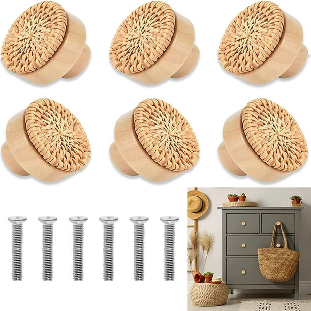 6 Pieces Rattan Furniture Knobs, Wooden Rattan Knob, Furniture Knob