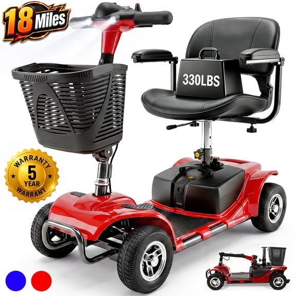 SACVON 4 Wheel Mobility Scooter for Seniors, Foldable Electric Scooter for Adults, 330 lbs Capacity, 18 Mile Range, 350W Motor, Swivel Seat, Red