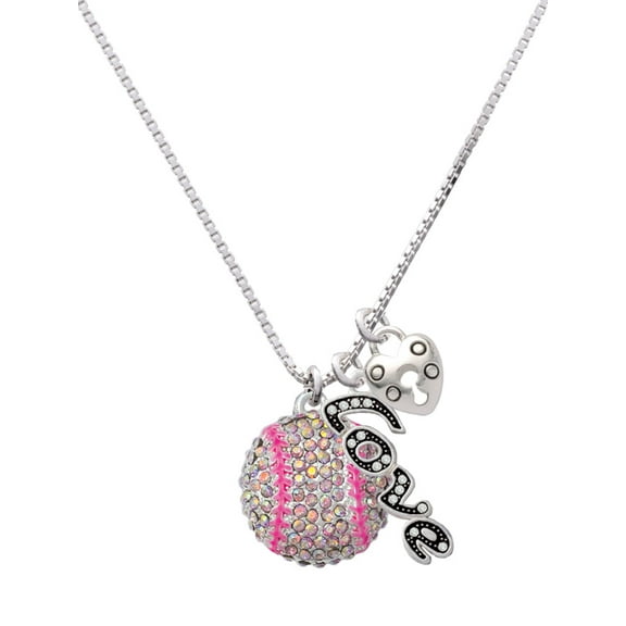 Delight Jewelry Silvertone Large Super Sparkle Crystal Pink AB Softball - Love and Lock Charm Necklace, 18"+1"