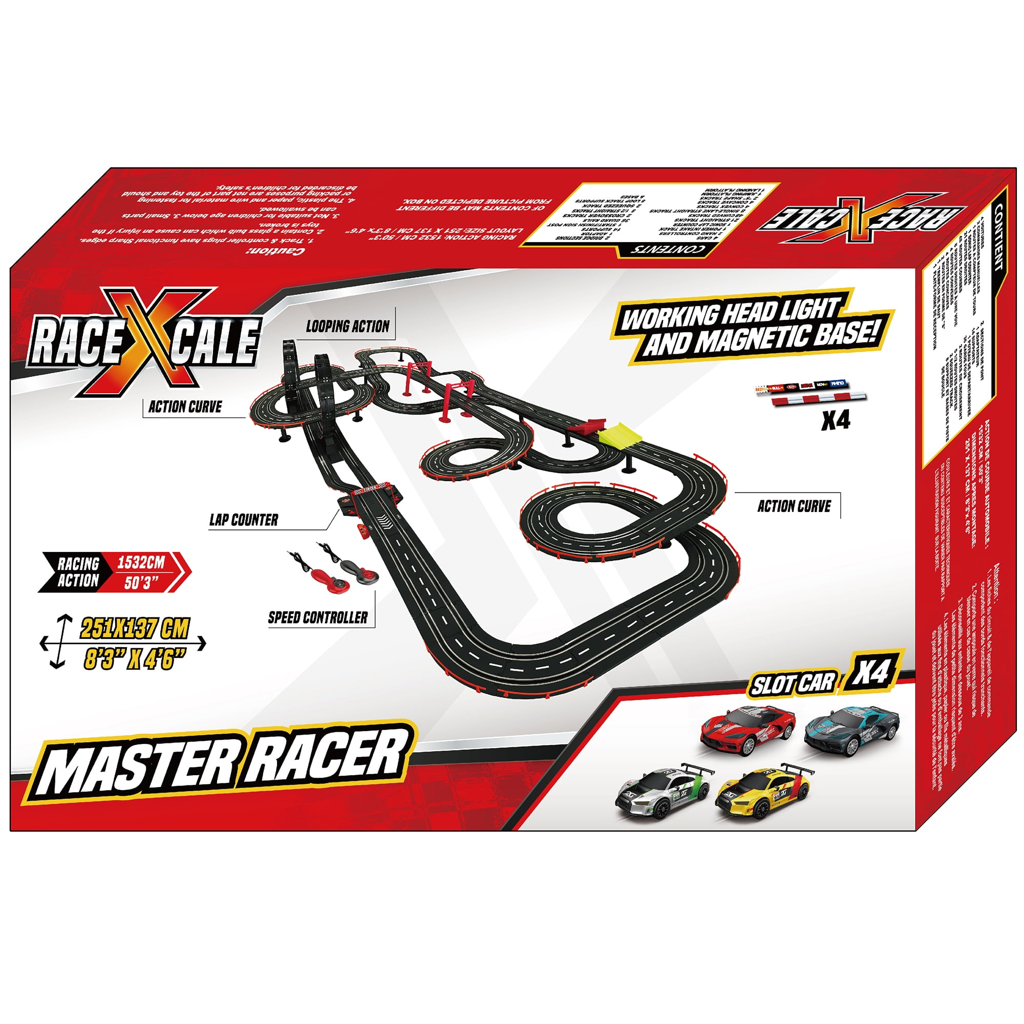 RaceXCale: Master Racer - 1:43 Scale G5 & G6 Slot Car Track, Electric Power Toy Set, 8'3" x 4'6", 4 Magnetic Cars w/ Head Lights, 2 Speed Controllers
