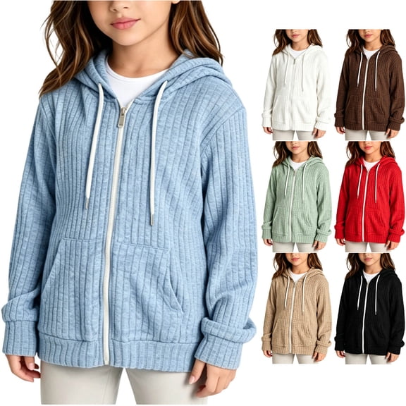 ZBSOKO Girls Zip Up Hoodie Ribbed Knit Solid Color Warm Jacket with Pocket Lightweight Fashion Hooded Sweater for Kids Teen 5-16 Years