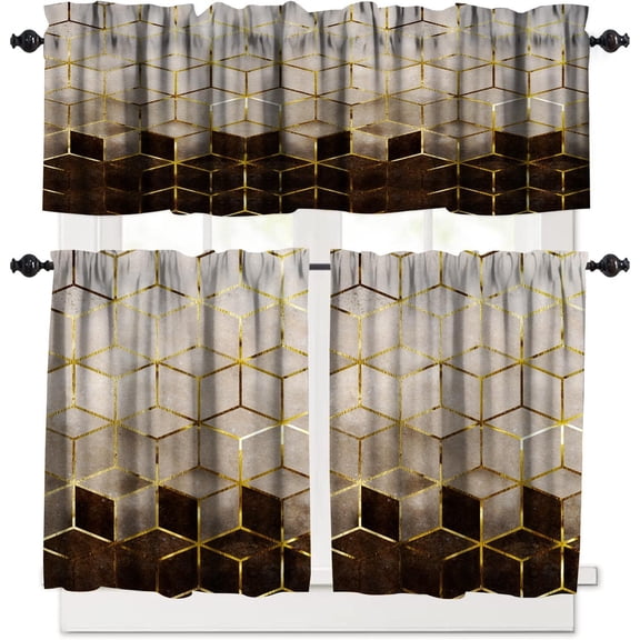 Brown Marble Kitchen Curtains, Modern Luxury Abstract Valances Sets for Kitchen Window,Silver Liquid Gold Foil Marble Printed Short Curtains for Small Windows Cafe Living Room Bedroom,