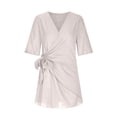 thumbnail image 4 of ZZwxWA Cotton and Linen V-Neck Midi Dress Short Sleeve Wrap Tie Mini Dress Casual Elegant Beach Work Vacation Travel Dresses, 4 of 5