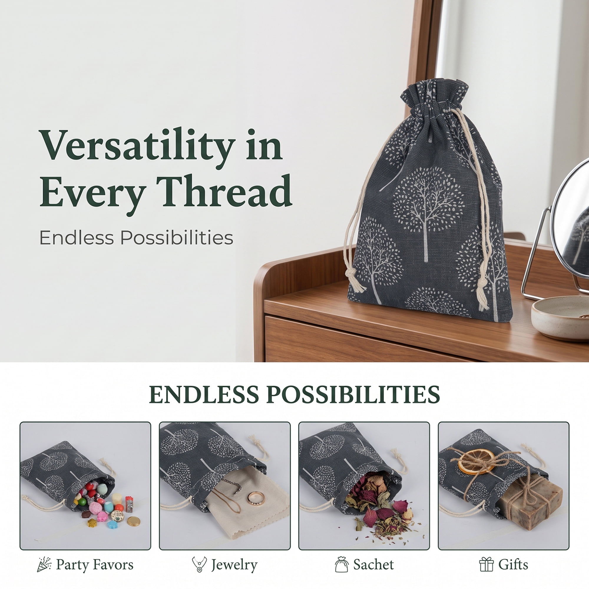 Unique Bargains Drawstring Gift Bags with Handles for Occasions Grey Tree 5.1" x 7.1"