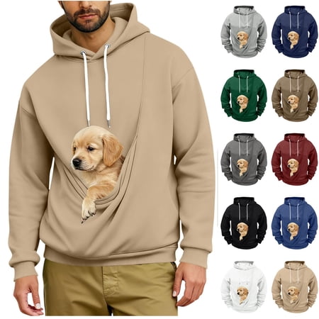 Oksale Pet Pouch Sweatshirts for Men with Hood Kangaroo Pouch Hoodies Cozy Long Sleeve Pullover Soft Warm Tops for Going Out Beige XL