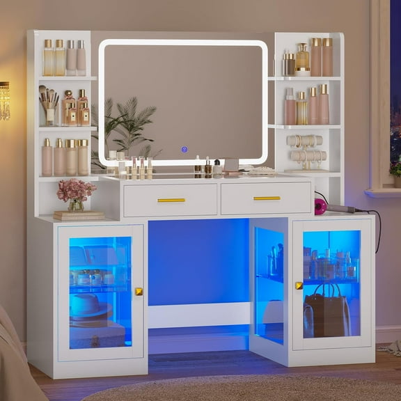Afuhokles Makeup Vanity with Mirror and Lights, RGB Cabinets, Vanity Desk with 2 Glass Top Drawers and Power Outlet, White
