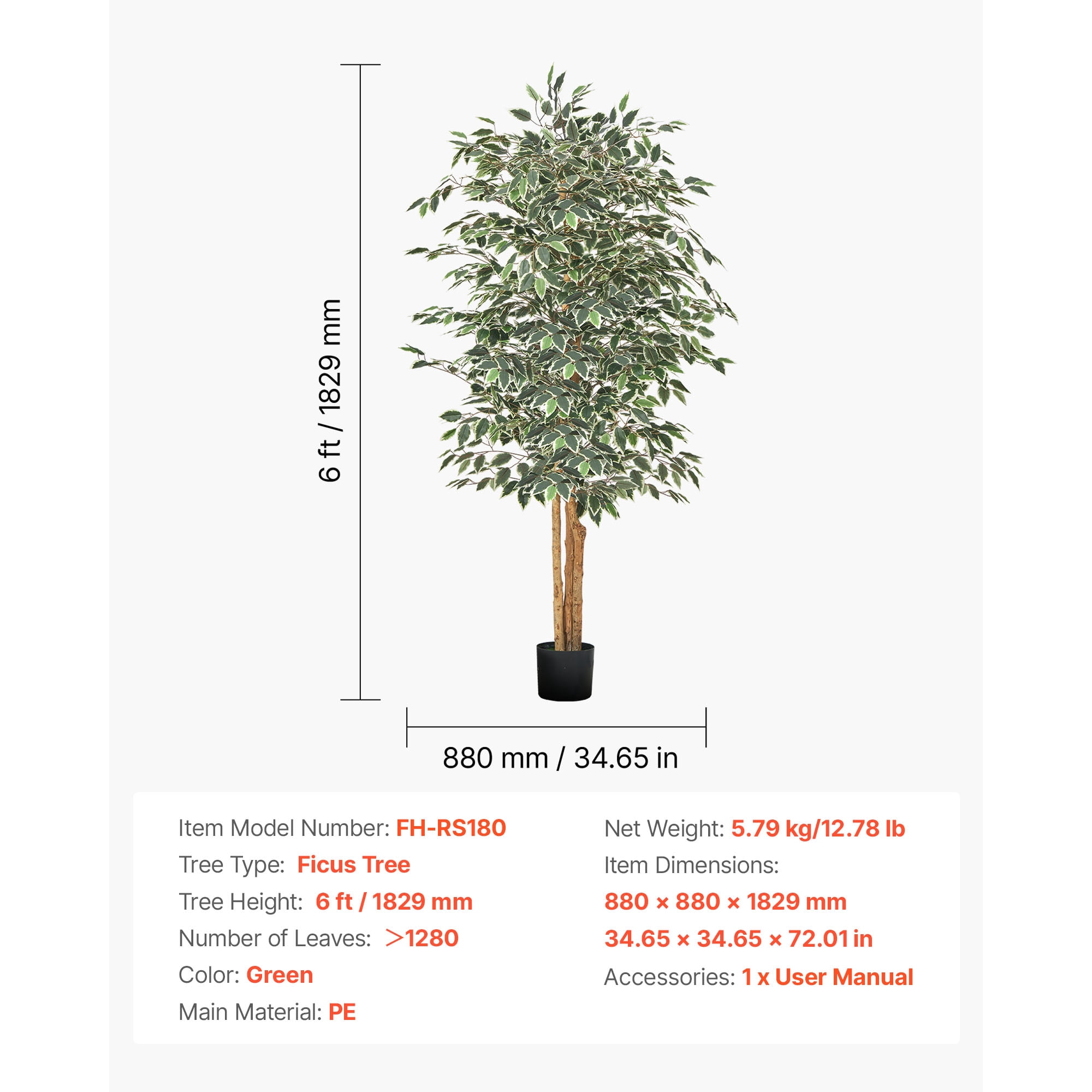 KFFKFF 6FT Artificial Ficus Tree with Black Pot, Tall Faux Plant Featuring Natural Wood Trunk and Lifelike Green Leaves, Ideal for Indoor Home, Office, Living Room, or Corner Decoration