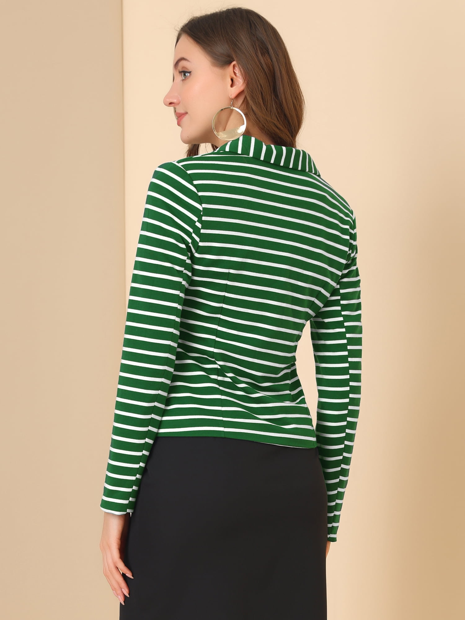 DARING DIVA Women's Striped Notched Lapel Button Closure Blazer L Green White