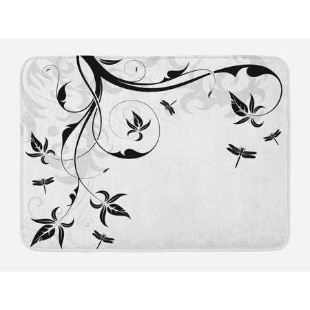 Dragonfly Bath Accessories Dragonfly Bath Mat, Swirled Floral Background with Damask Curl Branches and Leaves Print, Non-Slip Plush Mat Bathroom Kitchen Laundry Room Decor, 29.5 X 17.5 Inches, Pale Grey Black White, Ambesonne ()