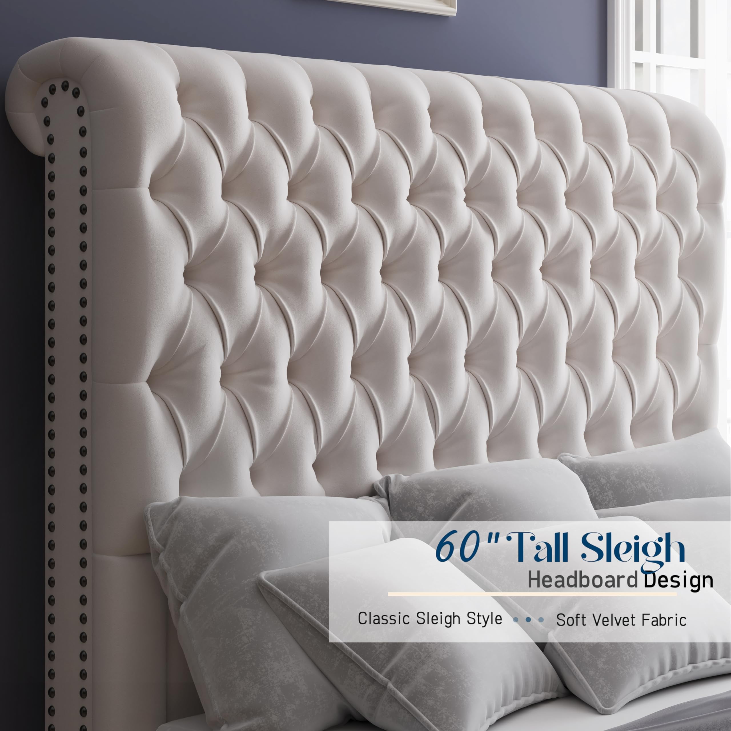 Merluxy King Bed Frame for Adult,60" Sleigh Headbord with Deep Button Tufting,Velvet Cream